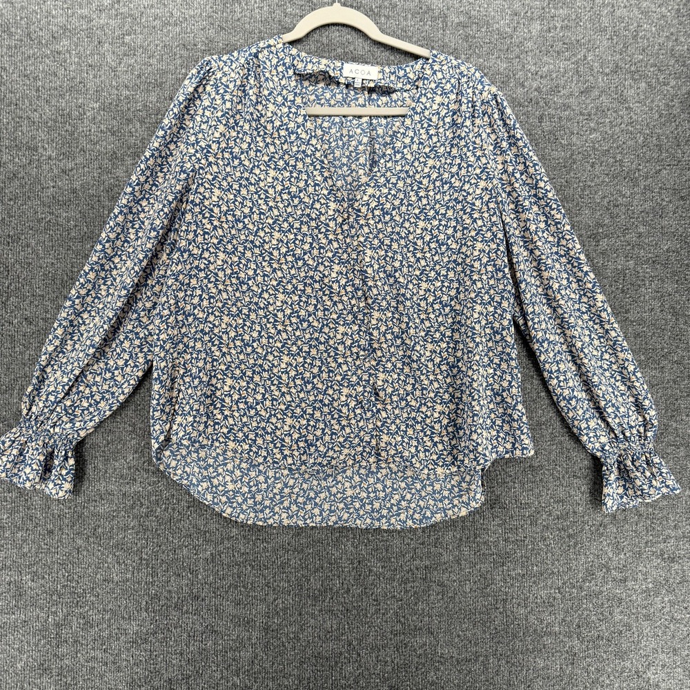 ACOA Blouse Womens Large Blue Floral V Neck Long Sleeve Ruffle Cuff Boho Cottage